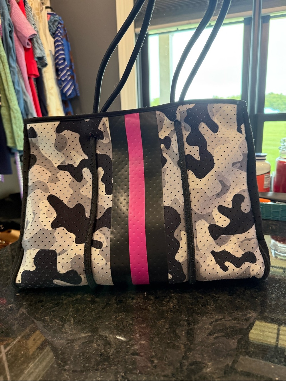 Neoprene Camo Tote with Pink Stripe